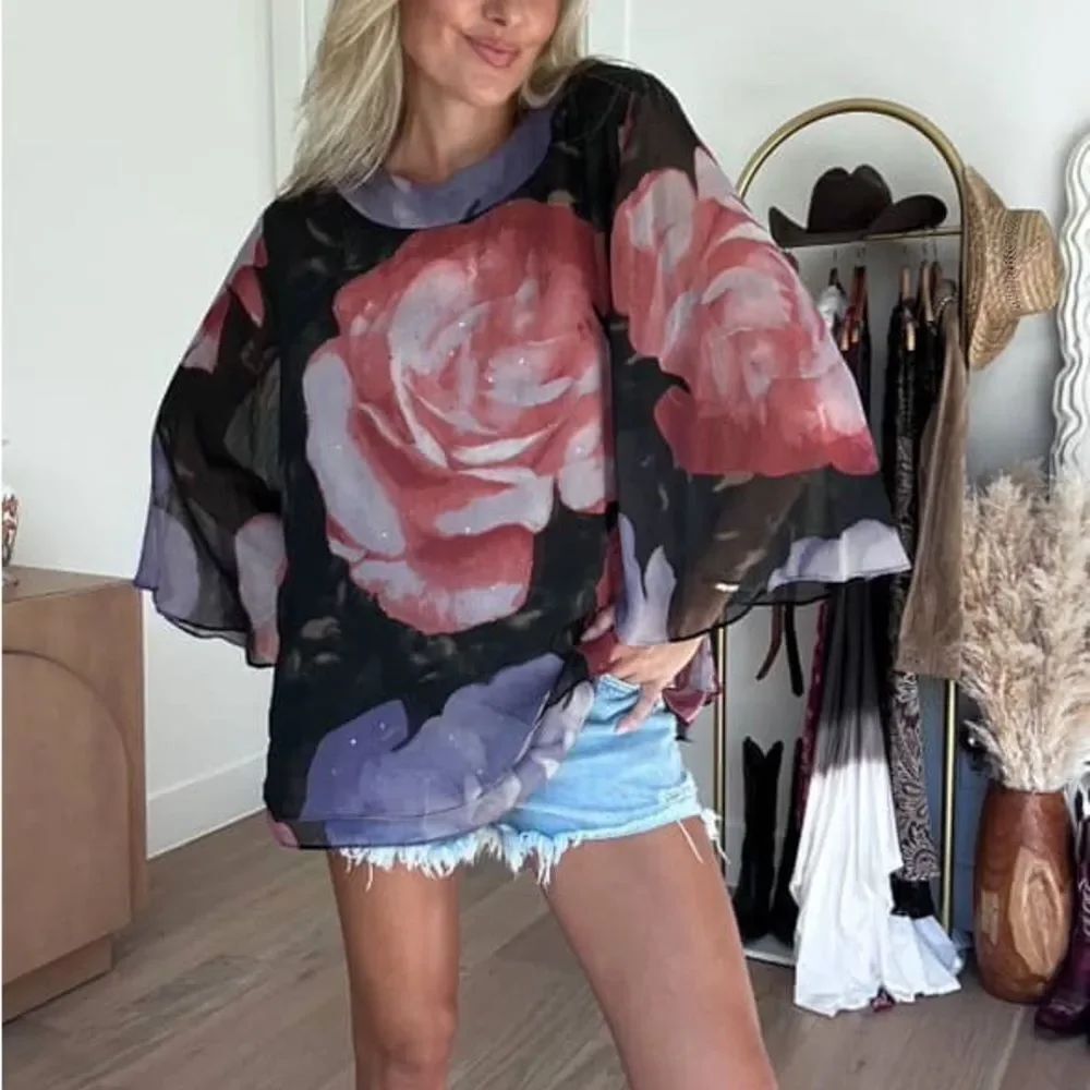 ECI Black and Pink Floral Blouse